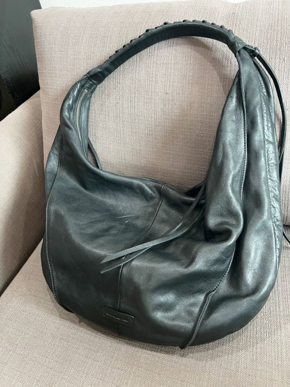 Christopher Kon Black Leather Hobo Shoulder Bag Leather Laced Handles